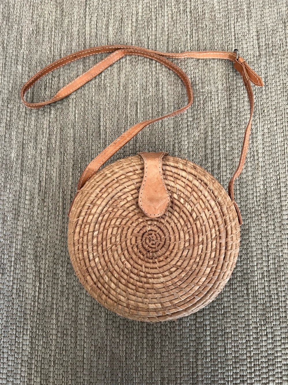 Boho Rattan Round Basket and Leather Tan Crossbody Shoulder Bag